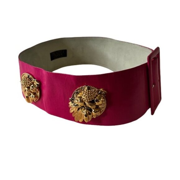 VTG Isabel Canovas Pink Leather Wide Belt Designer‎ Waist Corset Gold Rare 80's - Picture 4 of 11